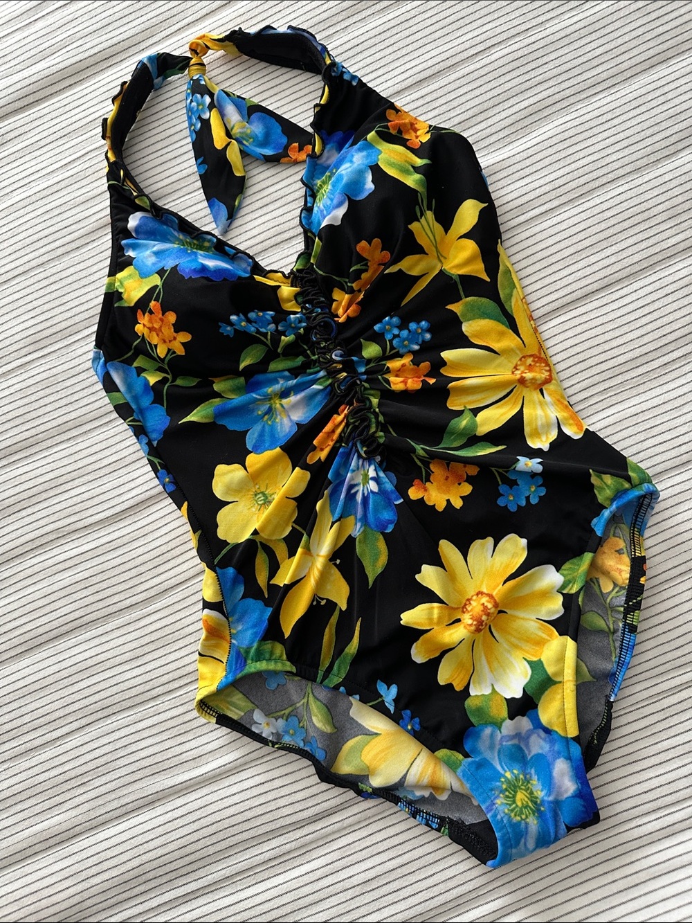 Miraclesuit Black Halter Swimsuit with Blue and Yellow Floral Print 8